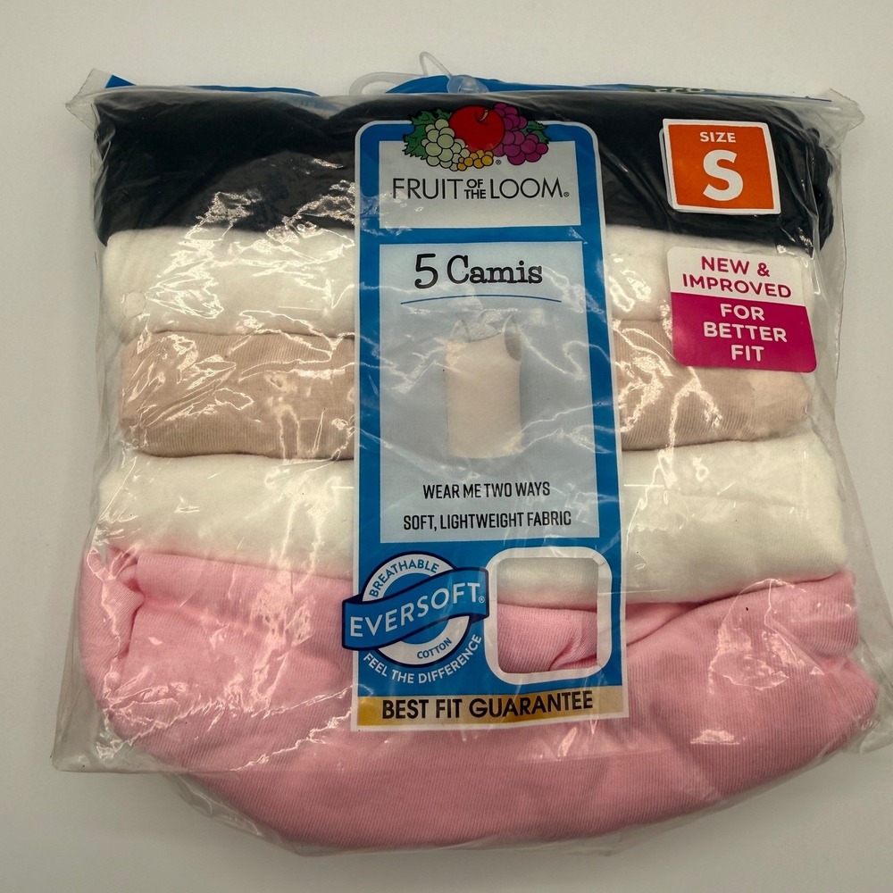 Fruit of the Loom Girls 5 Pack Size S Black White Pink Nude Camis New